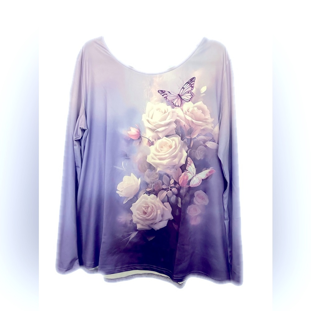 NWOT Long Sleeve Butterfly and Roses Purple and Lilac Blouse